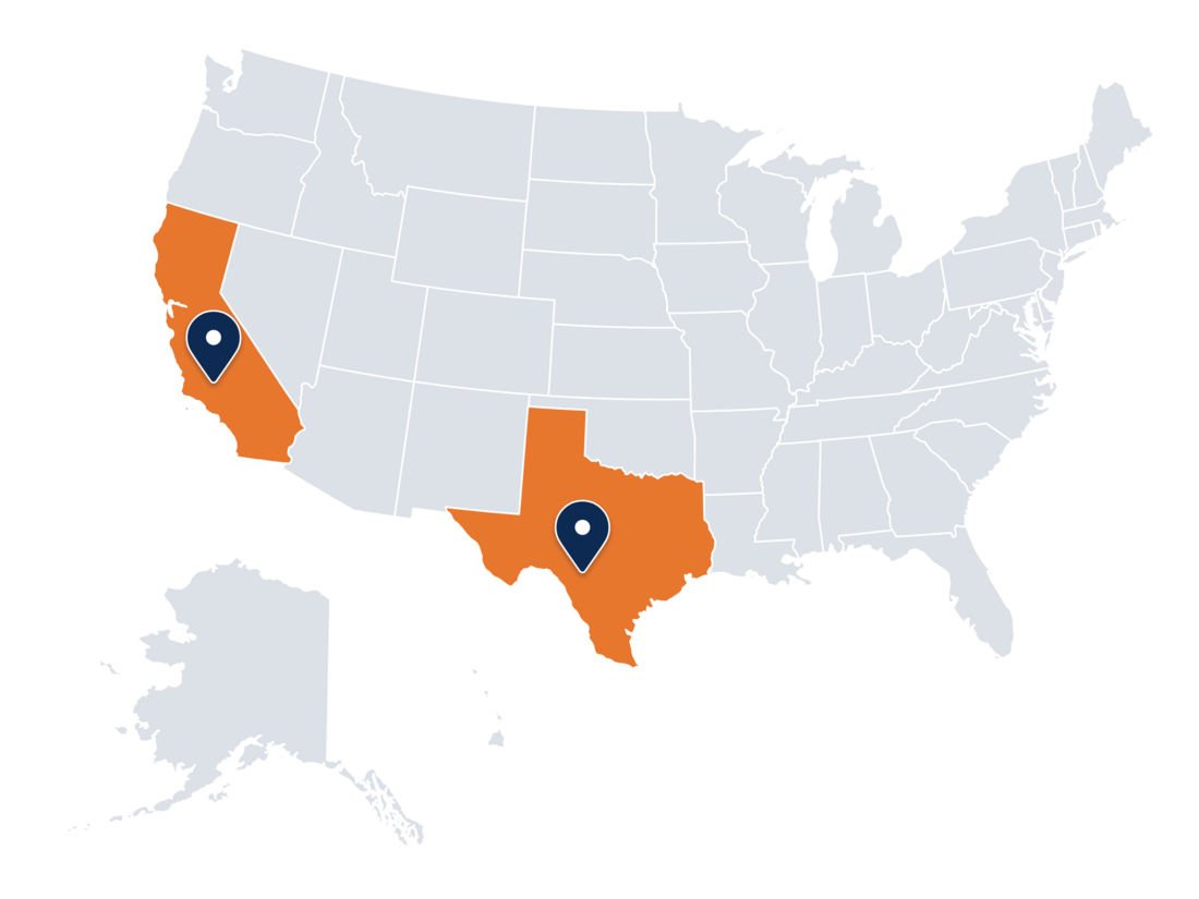Coverage map — Texas and California