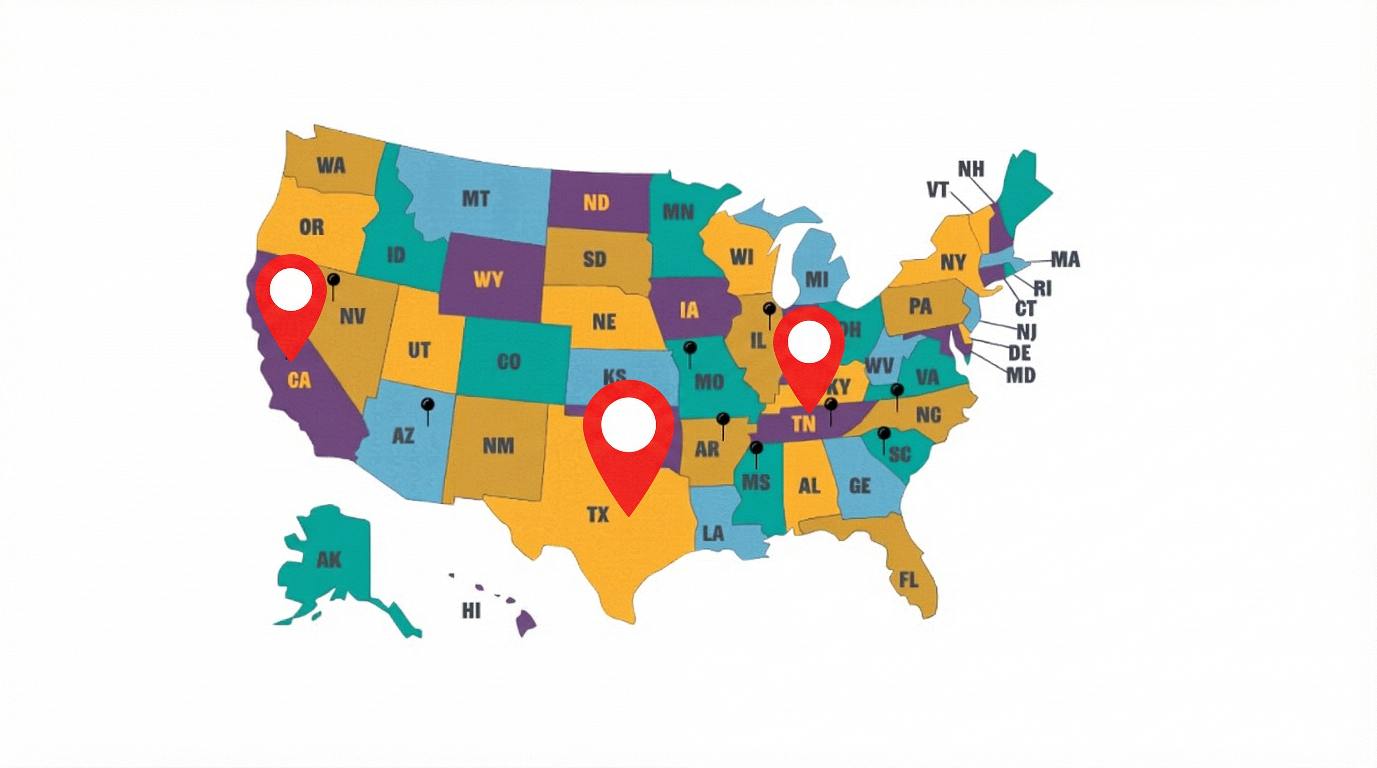 US Coverage Map - TX, CA, TN